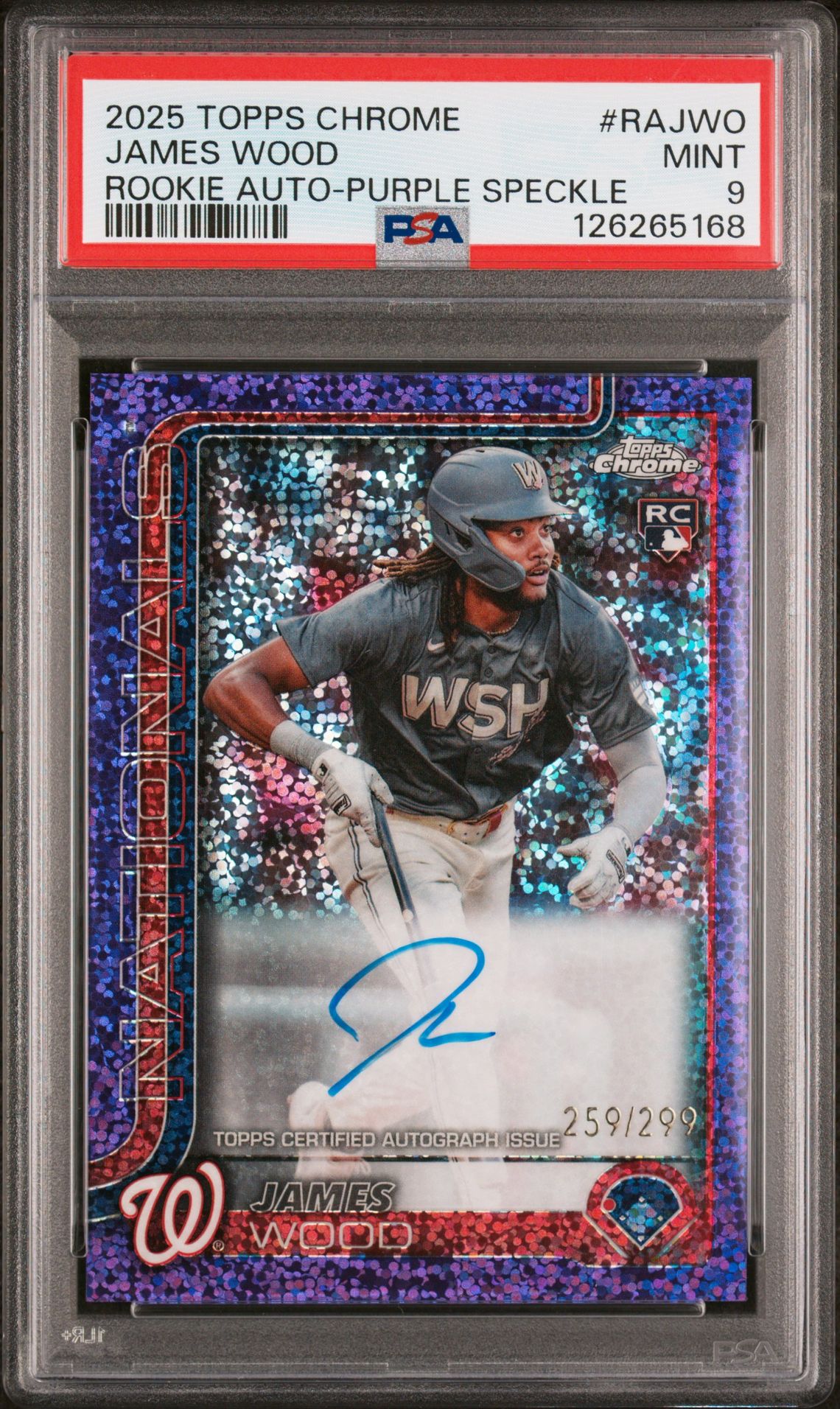2025 Topps Chrome Rookie Autographs James Wood #Rajwo (Rookie Auto-Purple Speckle) Mint 9 front