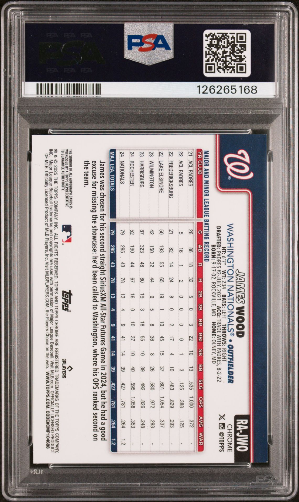 2025 Topps Chrome Rookie Autographs James Wood #Rajwo (Rookie Auto-Purple Speckle) Mint 9 back