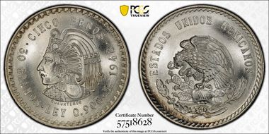 1948-Mo 5 Peso Cuauhtemoc KM-465  Ag MS67