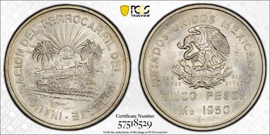 1950-Mo 5 Peso Southeastern Railroad KM-466  Ag MS64