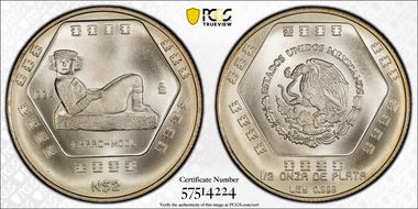1994-Mo 2 Peso Chaac Mool KM-573  Ag MS68