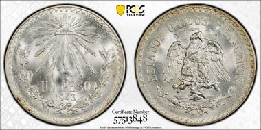 1943-M Peso KM-455  Ag MS66