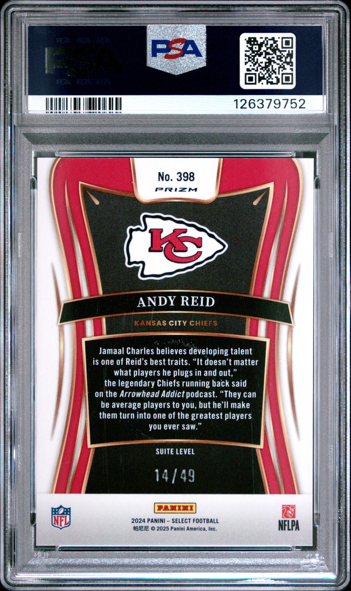 2024 Panini Select Andy Reid #398 (Red Disco) Gem Mt 10 back
