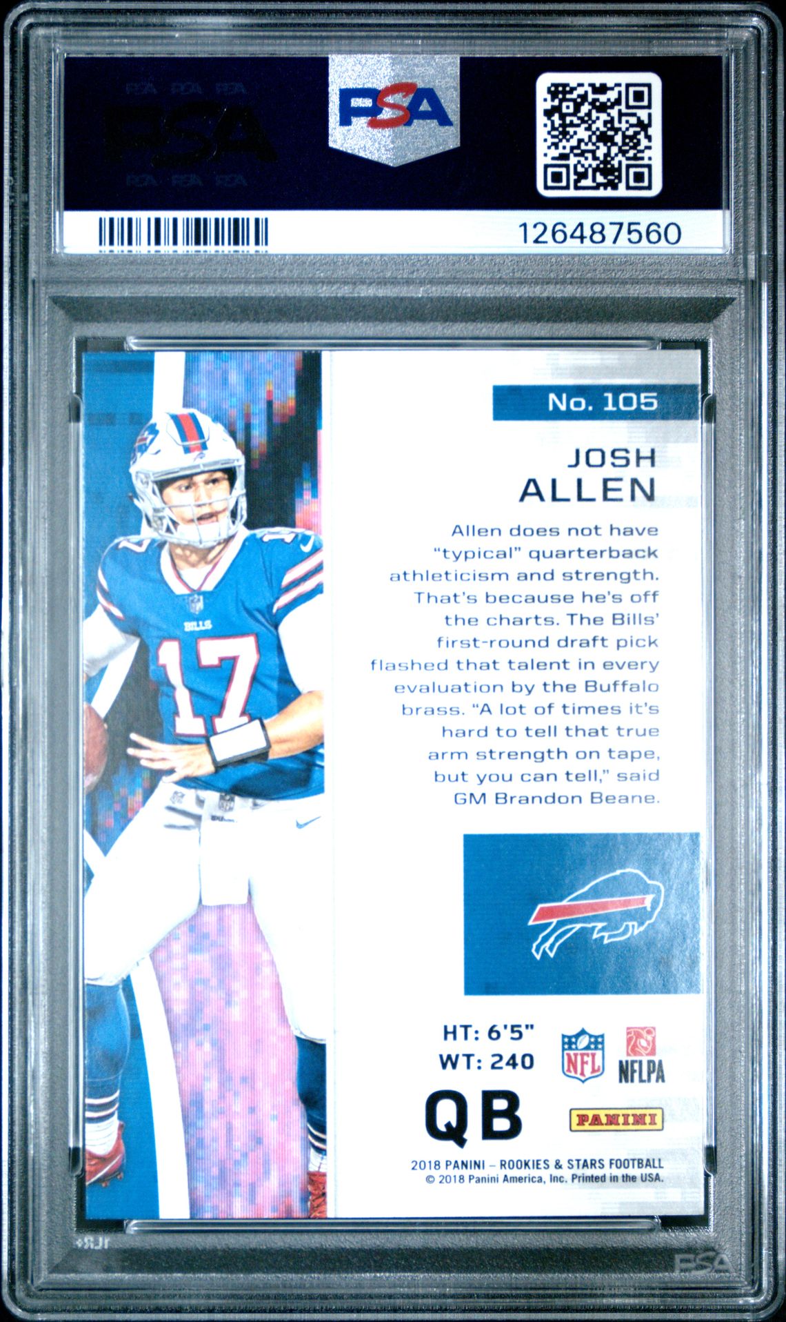 2018 Panini Rookies & Stars Josh Allen #105 Gem Mt 10 back view - PSA certificate #126487560