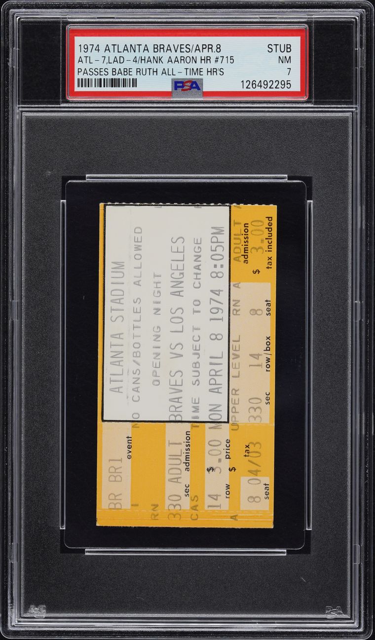 Ticket stub from Hank Aaron's 715th home run on 8 April 1974, graded PSA NM 7