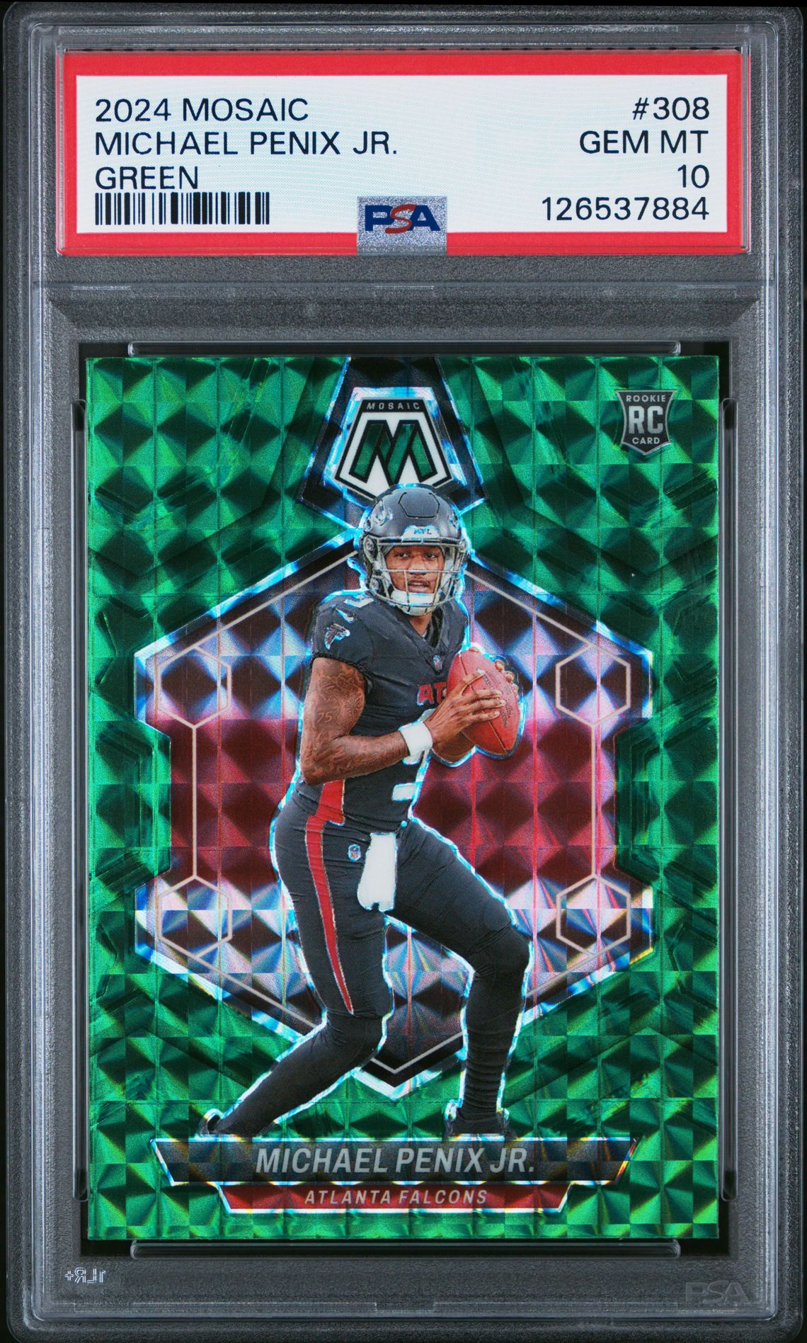 2024 Panini Mosaic Michael Penix Jr. #308 (Green) Gem Mt 10 front view - PSA graded GEM MT 10