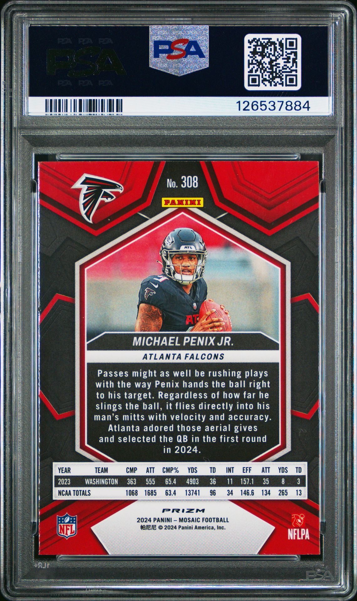 2024 Panini Mosaic Michael Penix Jr. #308 (Green) Gem Mt 10 back view - PSA certificate #126537884