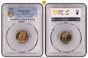2015 $2 Lest We Forget Colorized Poppy Counterstamp MS66