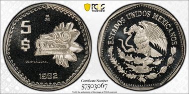 1982-Mo 5 Peso Quetzalcoatl KM-485 PR69DCAM