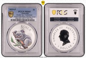 2025-P $1 Koala Ag - Colorized ANDA Brisbane Money Expo MS69