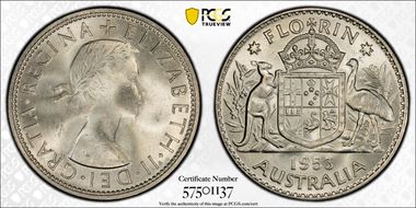 1953(m) Florin Small Rev. Denticles KM-54  Ag MS65