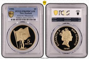 1990 $5 ANZAC Memorial KM-71 Soldier & Flag PR69DCAM