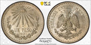 1921-M Peso KM-455  Ag MS64