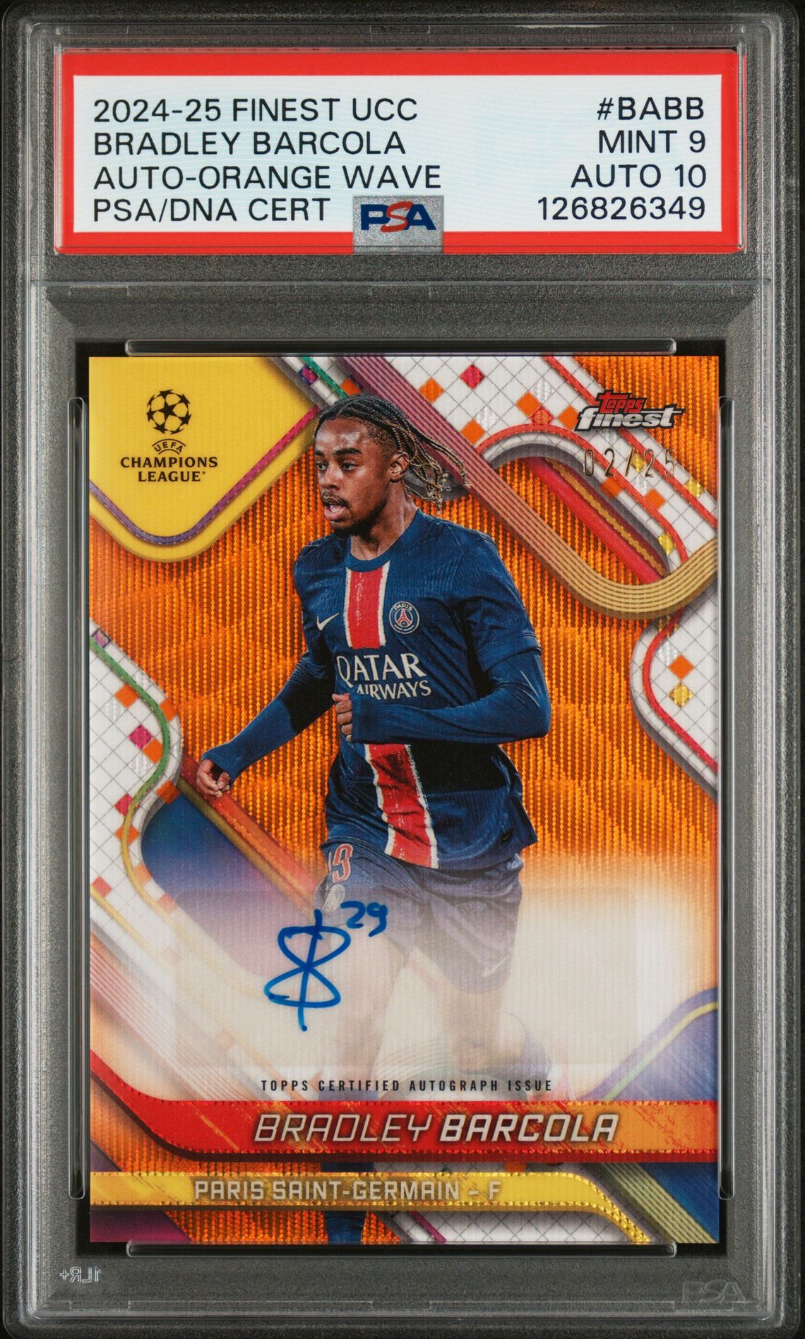 2024-25 Topps TOPPS FINEST UEFA CLUB COMPETITIONS AUTOGRAPHS ORANGE WAVE #BABB Bradley Barcola front