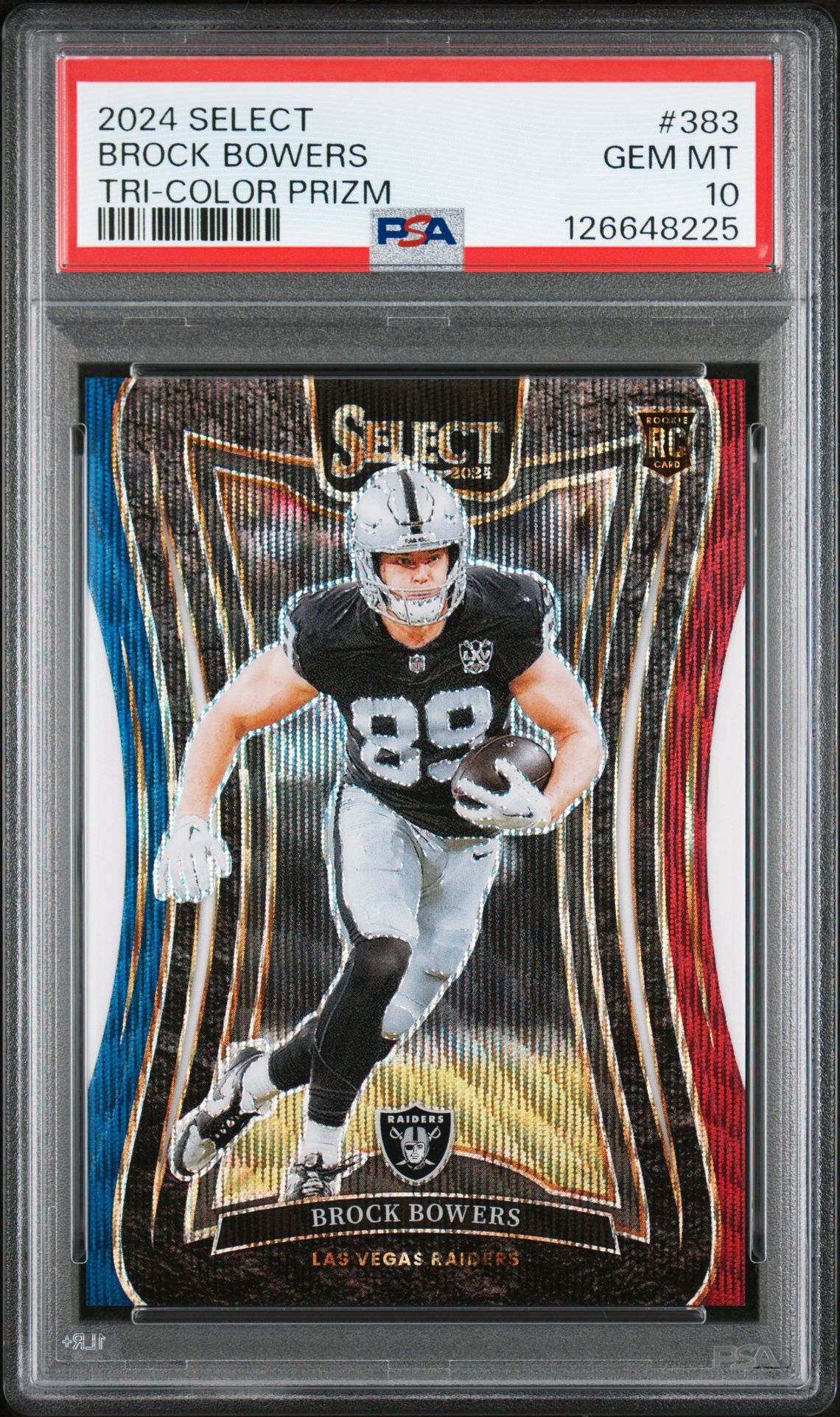 2024 Panini Select Brock Bowers #383 (Tri-Color Prizm) Gem Mt 10 front view - PSA graded GEM MT 10