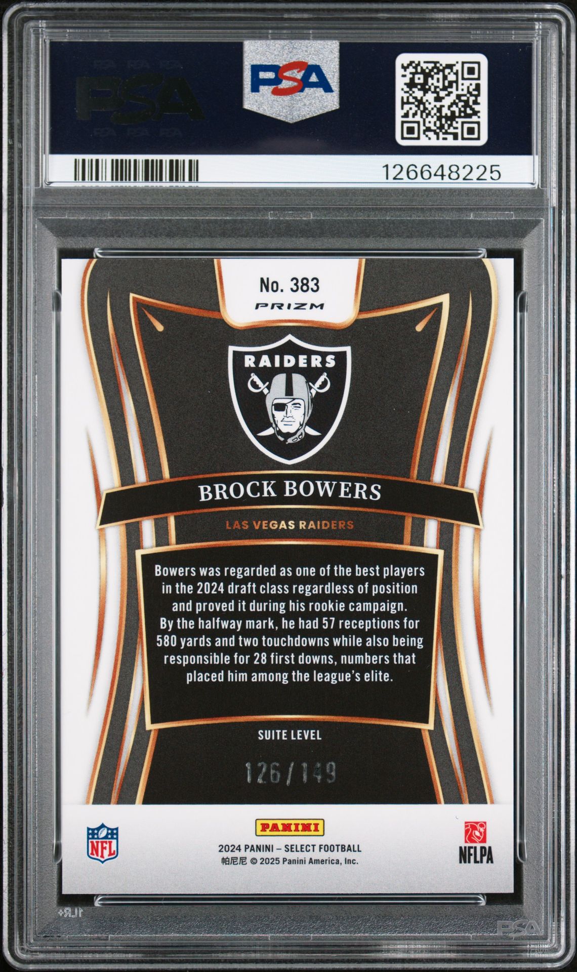 2024 Panini Select Brock Bowers #383 (Tri-Color Prizm) Gem Mt 10 back view - PSA certificate #126648225