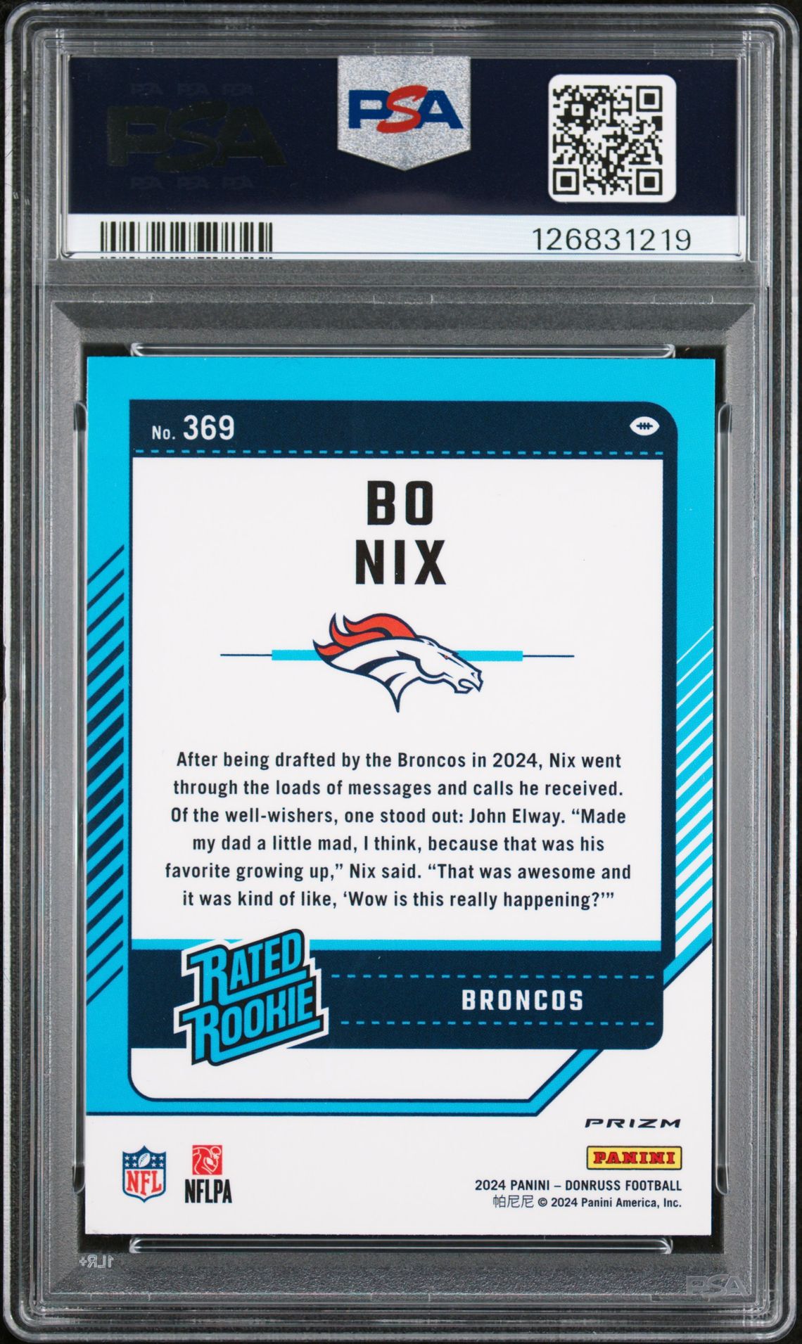 2024 Panini Donruss Bo Nix #369 (Optic Preview-Red Wave) Gem Mt 10 back view - PSA certificate #126831219
