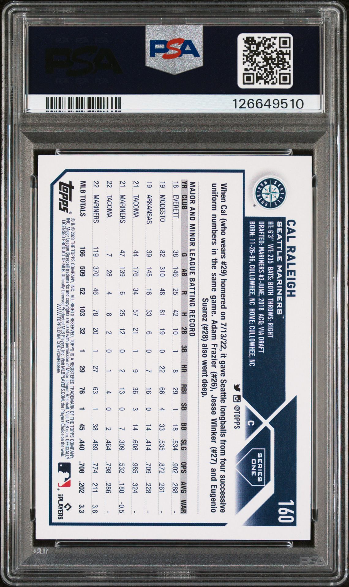2023 Topps Cal Raleigh #160 Gem Mt 10 back