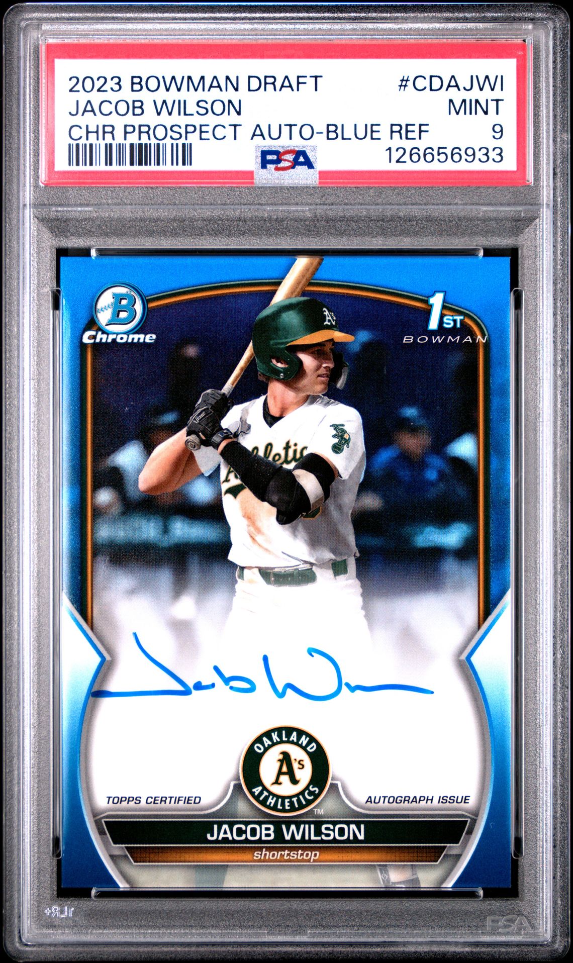 2023 Bowman Draft Chrome Prospect Autograph Jacob Wilson #Cdajwi (Chr Prospect Auto-Blue Ref) Mint 9 front