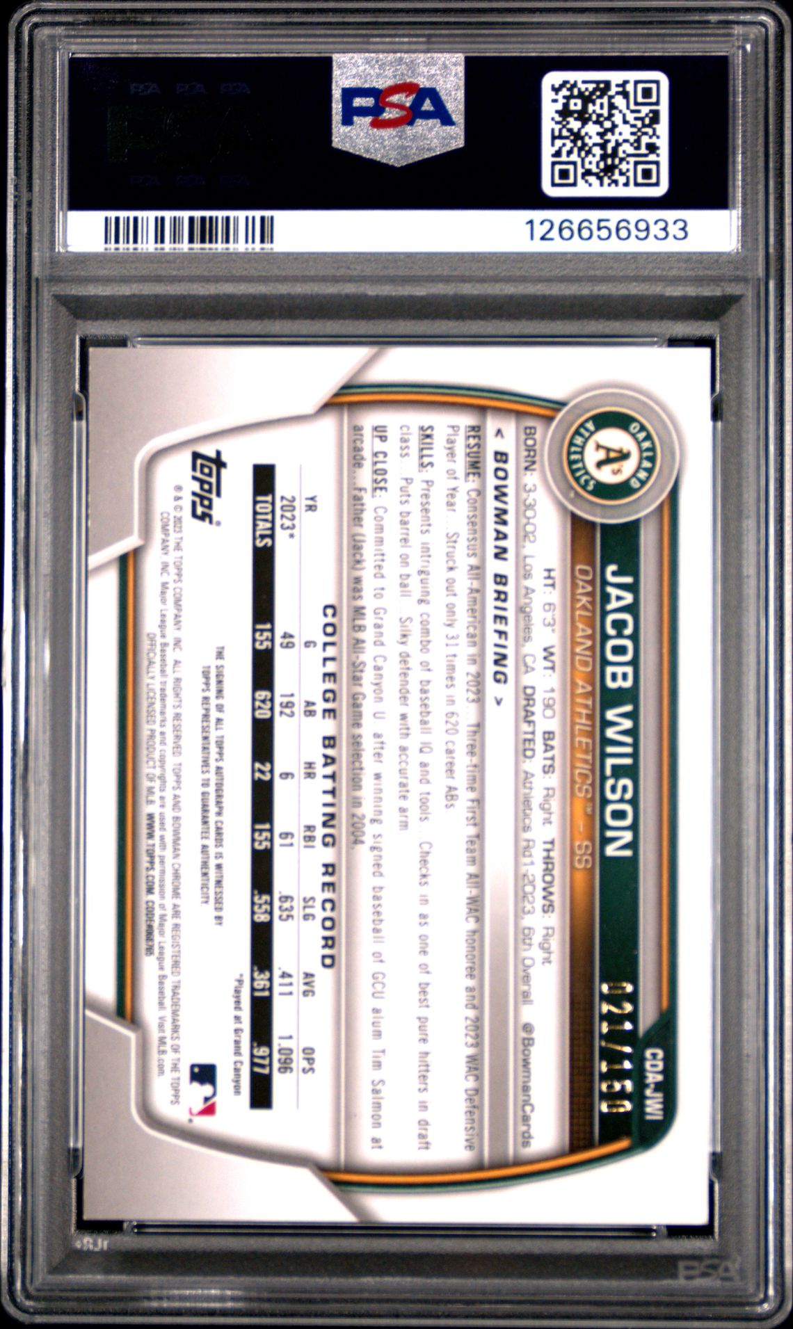 2023 Bowman Draft Chrome Prospect Autograph Jacob Wilson #Cdajwi (Chr Prospect Auto-Blue Ref) Mint 9 back