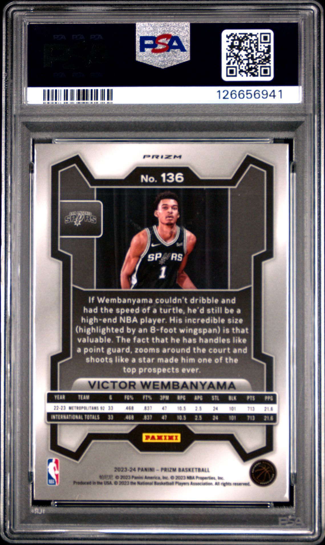 2023 Panini Prizm Victor Wembanyama #136 (Silver Prizm) Mint 9 back