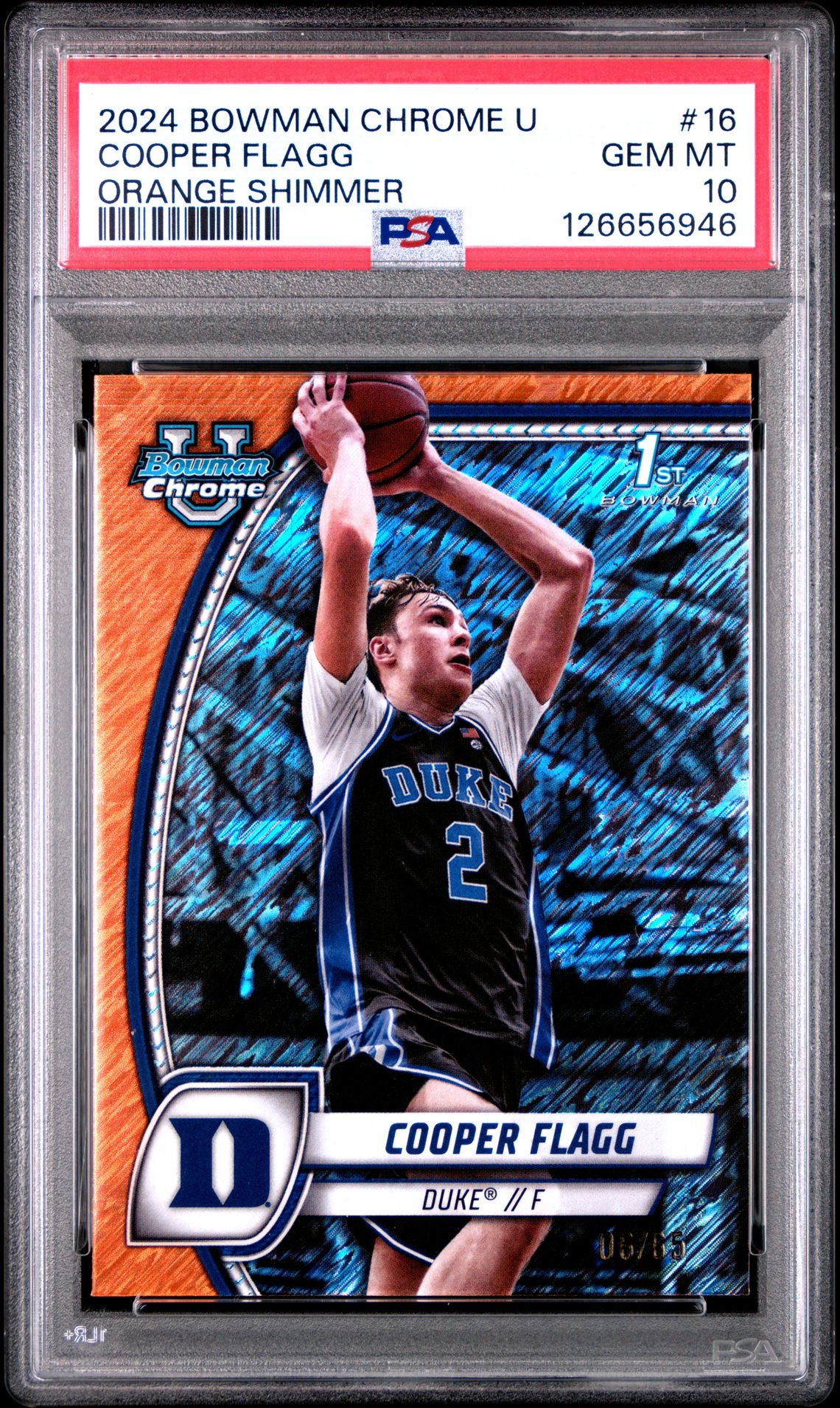 2024 Bowman Chrome University Cooper Flagg #16 (Orange Shimmer) Gem Mt 10 front