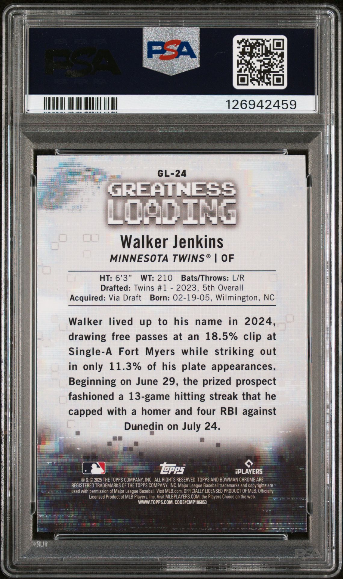 2025 Bowman Greatness Loading Walker Jenkins #Gl24 Gem Mt 10 back
