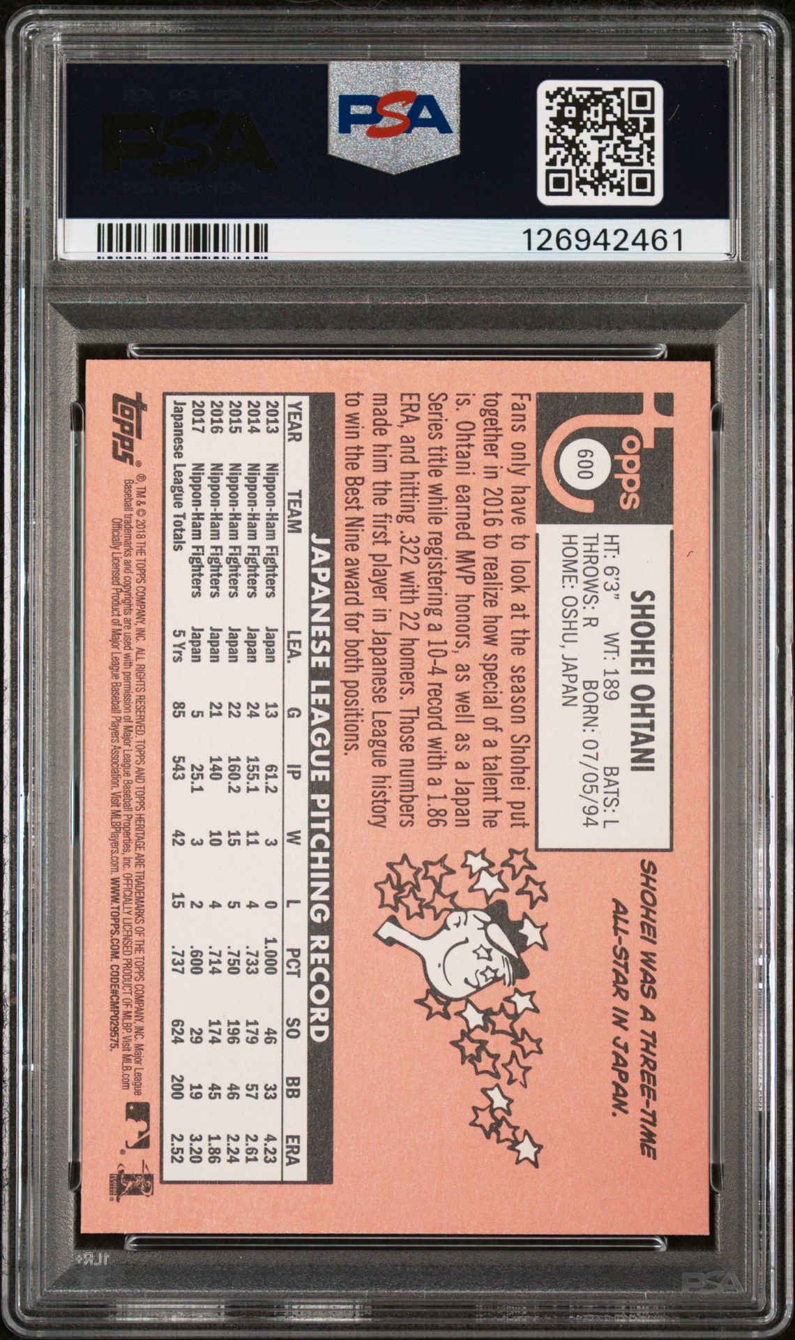 2018 Topps Heritage Shohei Ohtani #600 Mint 9 back