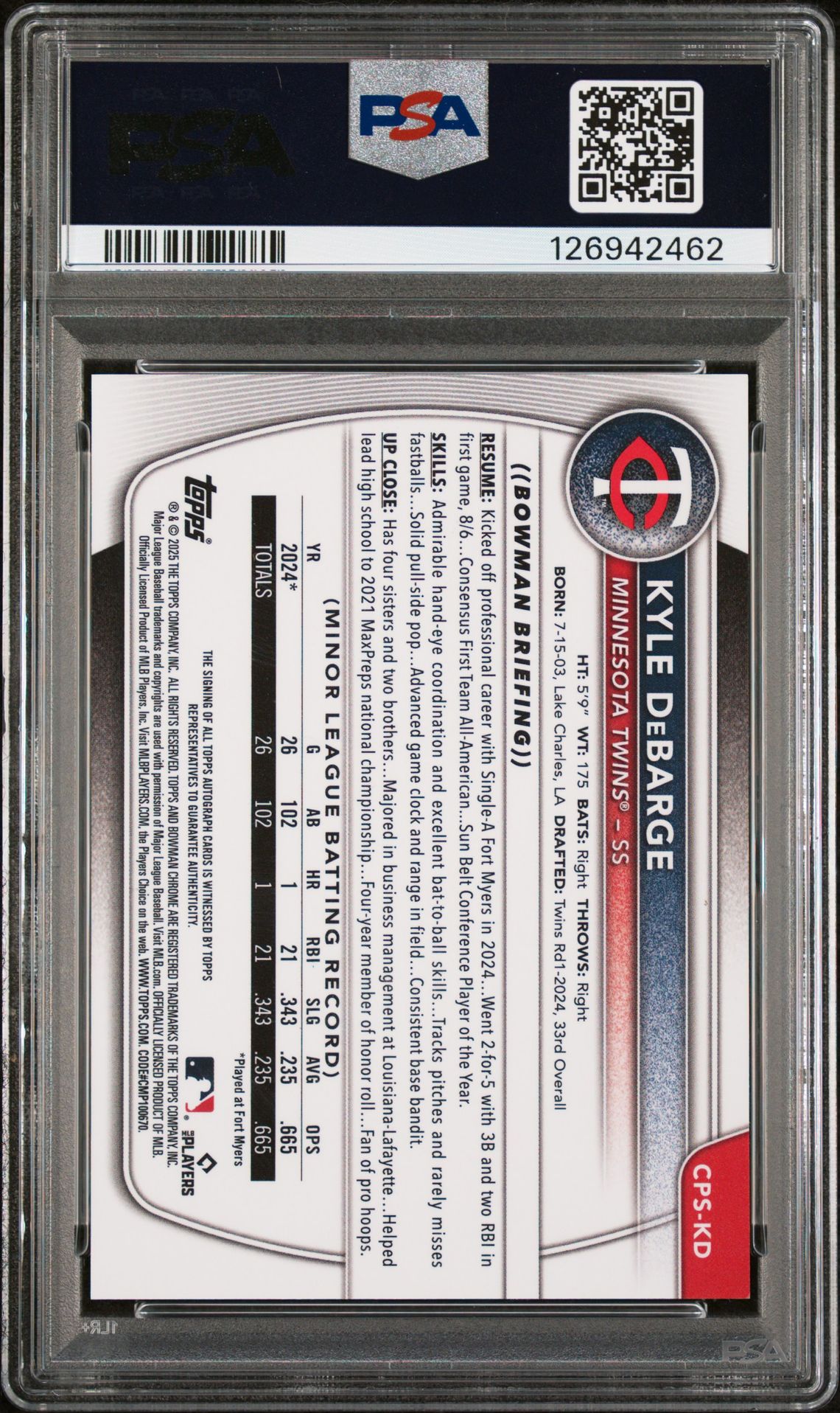 2025 Bowman Sapphire Edition Chrome Prospects Sapphire Autographs Kyle Debarge #Cpskd (Chrome Prospect Autograph) Mint 9 back