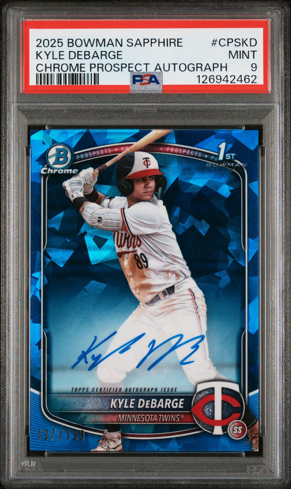 2025 Bowman Sapphire Edition Chrome Prospects Sapphire Autographs Kyle Debarge #Cpskd (Chrome Prospect Autograph) Mint 9 front