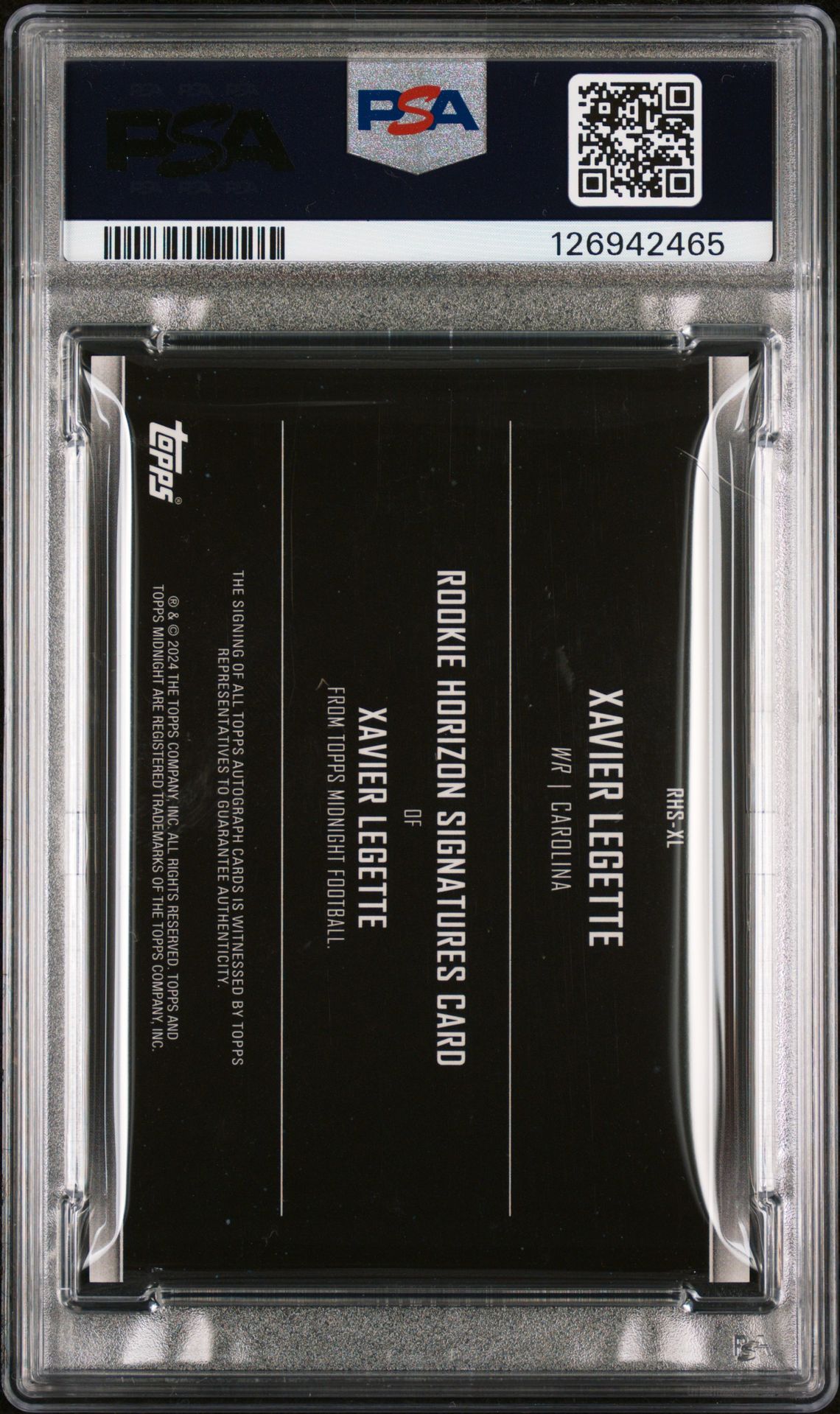 2024 Topps Midnight Rookie Horizon Signatures Xavier Legette #Rhsxl Gem Mt 10 back