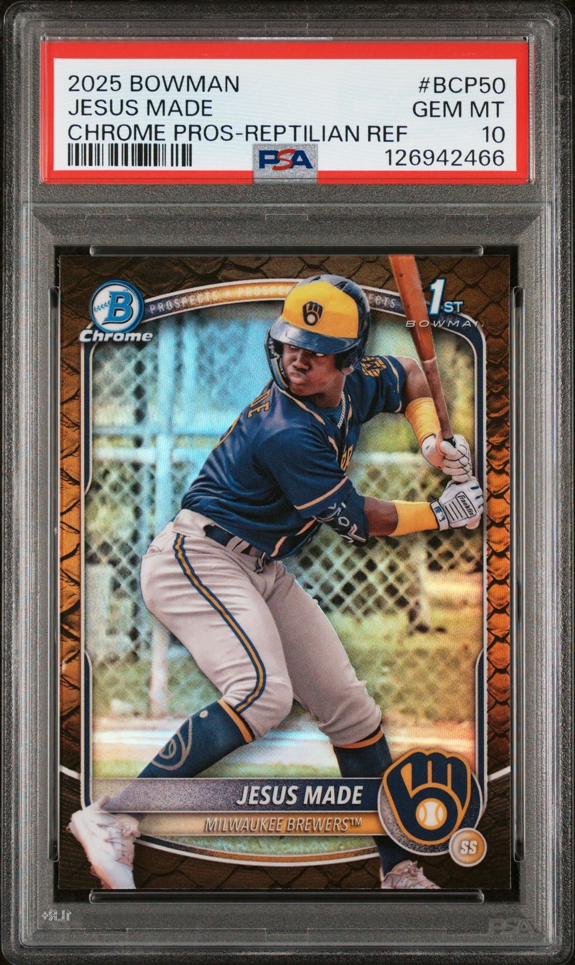 2025 Bowman Chrome Prospects Jesus Made #Bcp50 (Chrome Pros-Reptilian Ref) Gem Mt 10 front