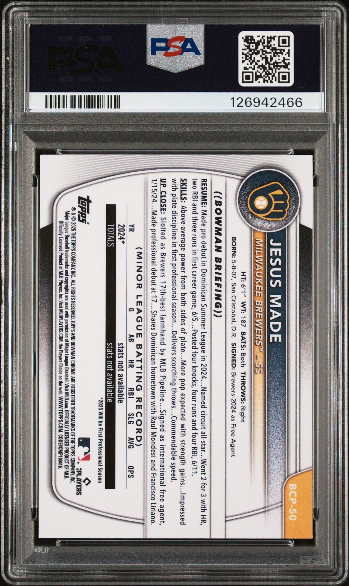 2025 Bowman Chrome Prospects Jesus Made #Bcp50 (Chrome Pros-Reptilian Ref) Gem Mt 10 back