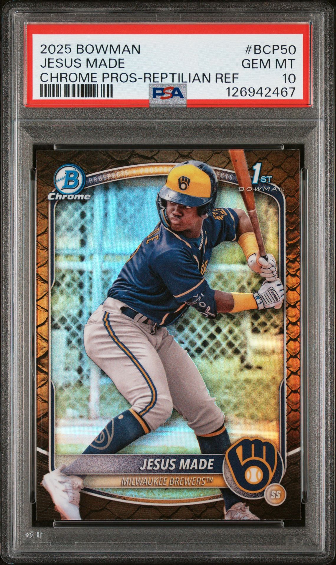 2025 Bowman Chrome Prospects Jesus Made #Bcp50 (Chrome Pros-Reptilian Ref) Gem Mt 10 front