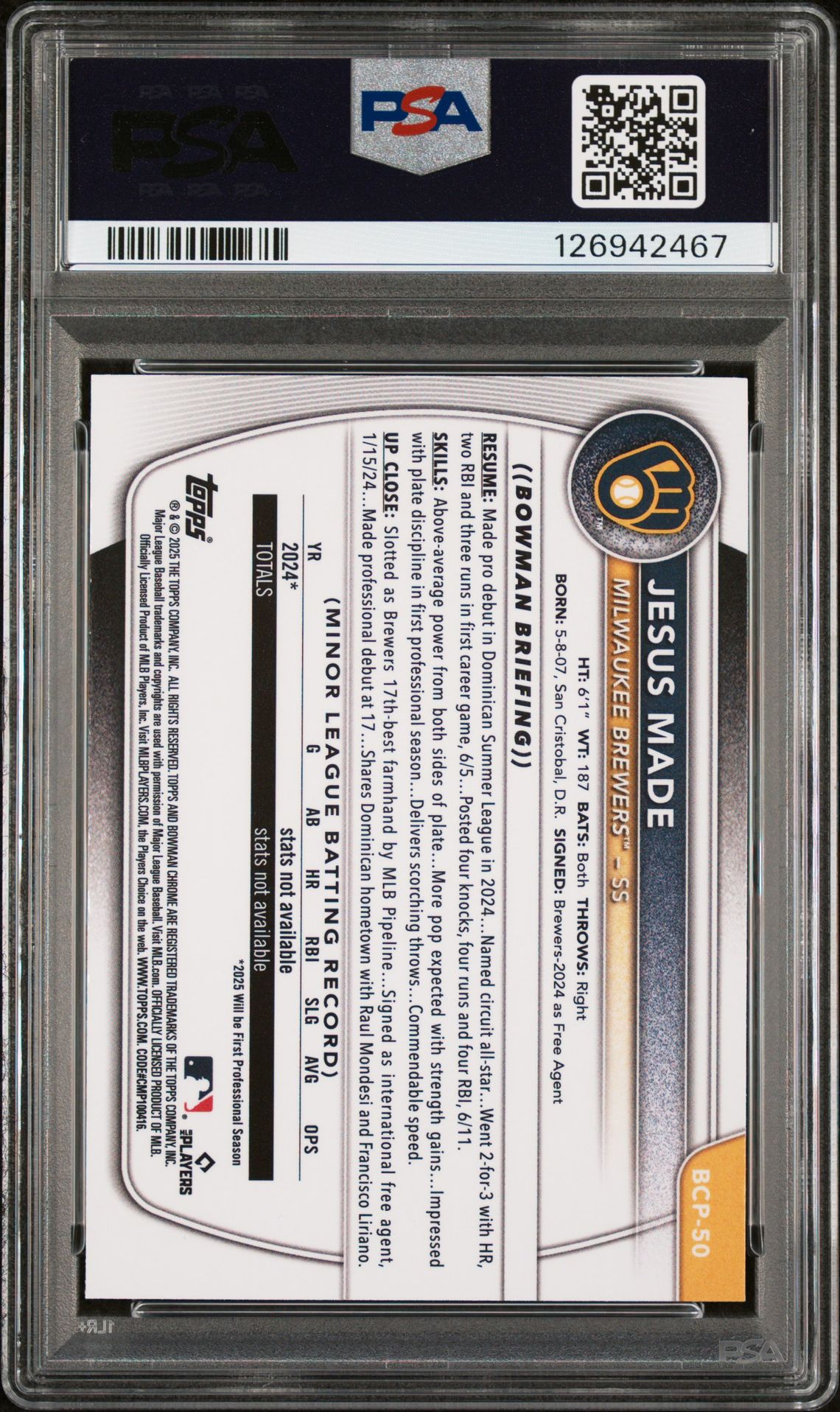 2025 Bowman Chrome Prospects Jesus Made #Bcp50 (Chrome Pros-Reptilian Ref) Gem Mt 10 back