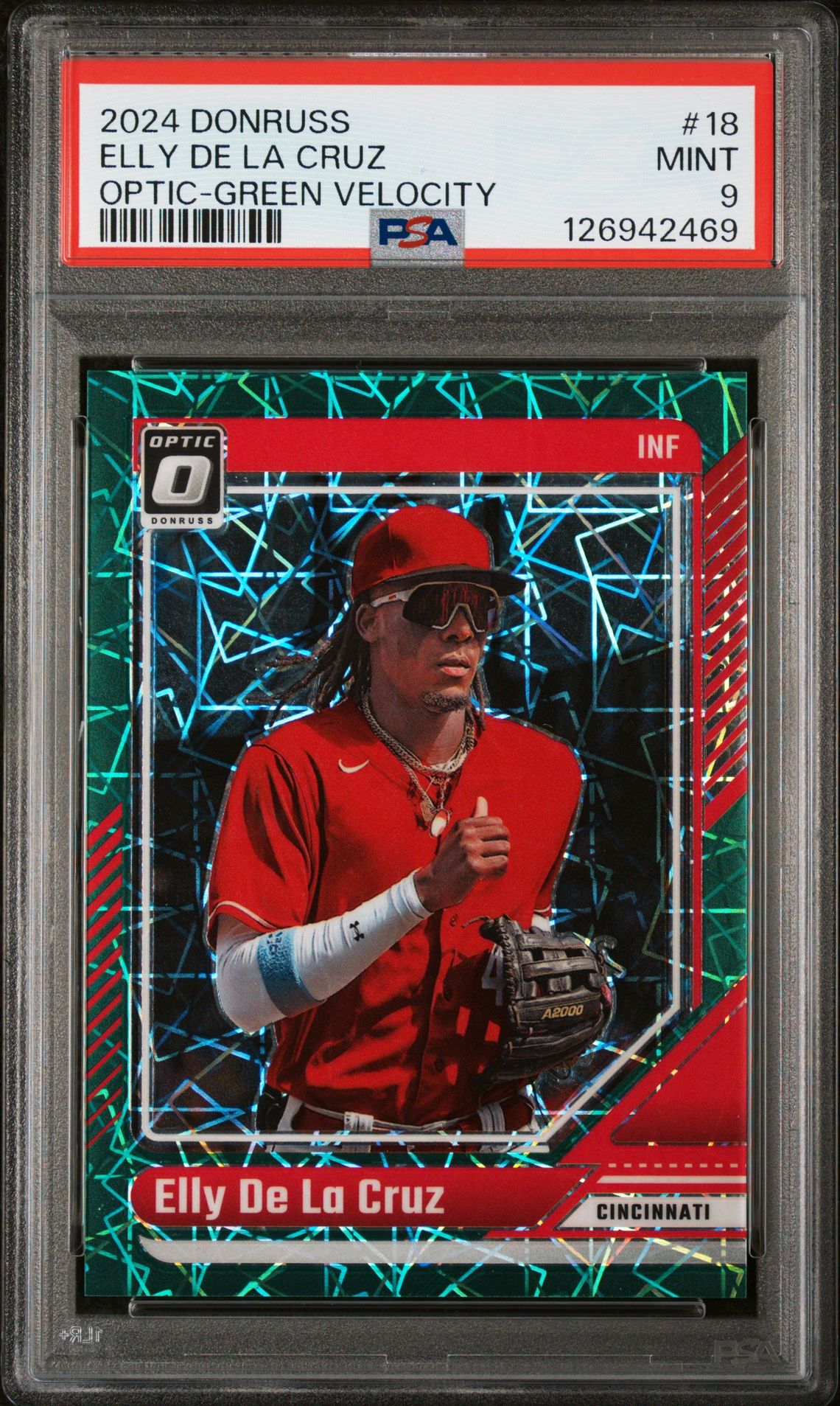 2024 Panini Donruss Elly De La Cruz #18 (Optic-Green Velocity) Mint 9 front