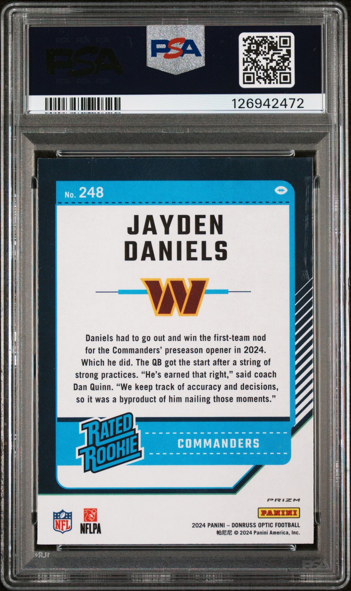 2024 Panini Donruss Optic Jayden Daniels #248 (Stars) Gem Mt 10 back view - PSA certificate #126942472