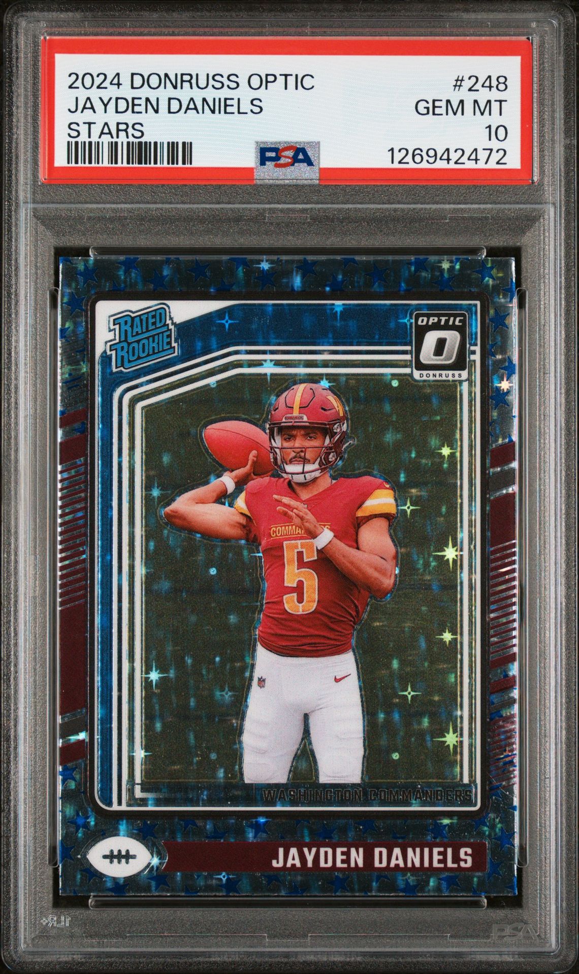 2024 Panini Donruss Optic Jayden Daniels #248 (Stars) Gem Mt 10 front view - PSA graded GEM MT 10