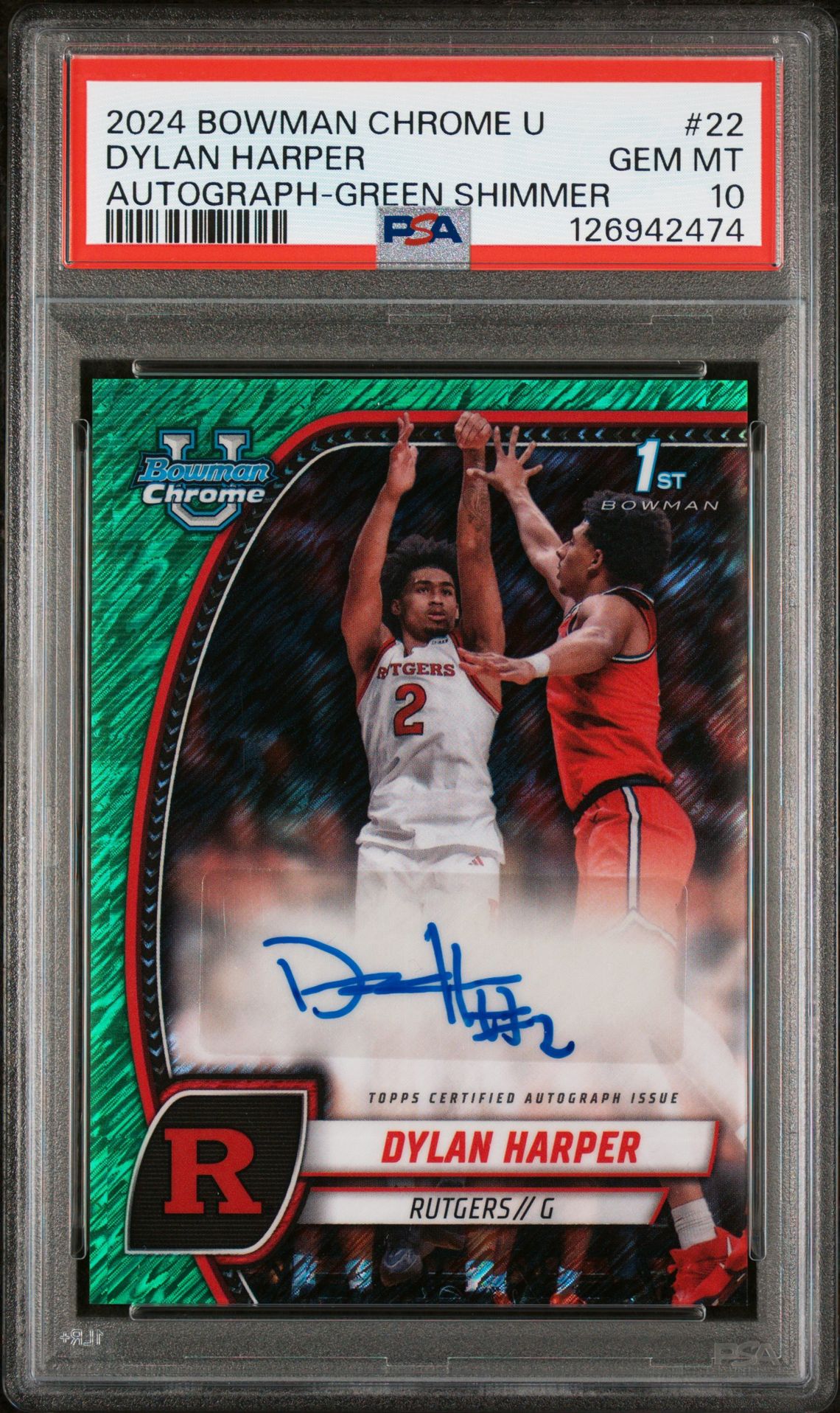 2024 Bowman Chrome University Dylan Harper #22 (Autograph-Green Shimmer) Gem Mt 10 front