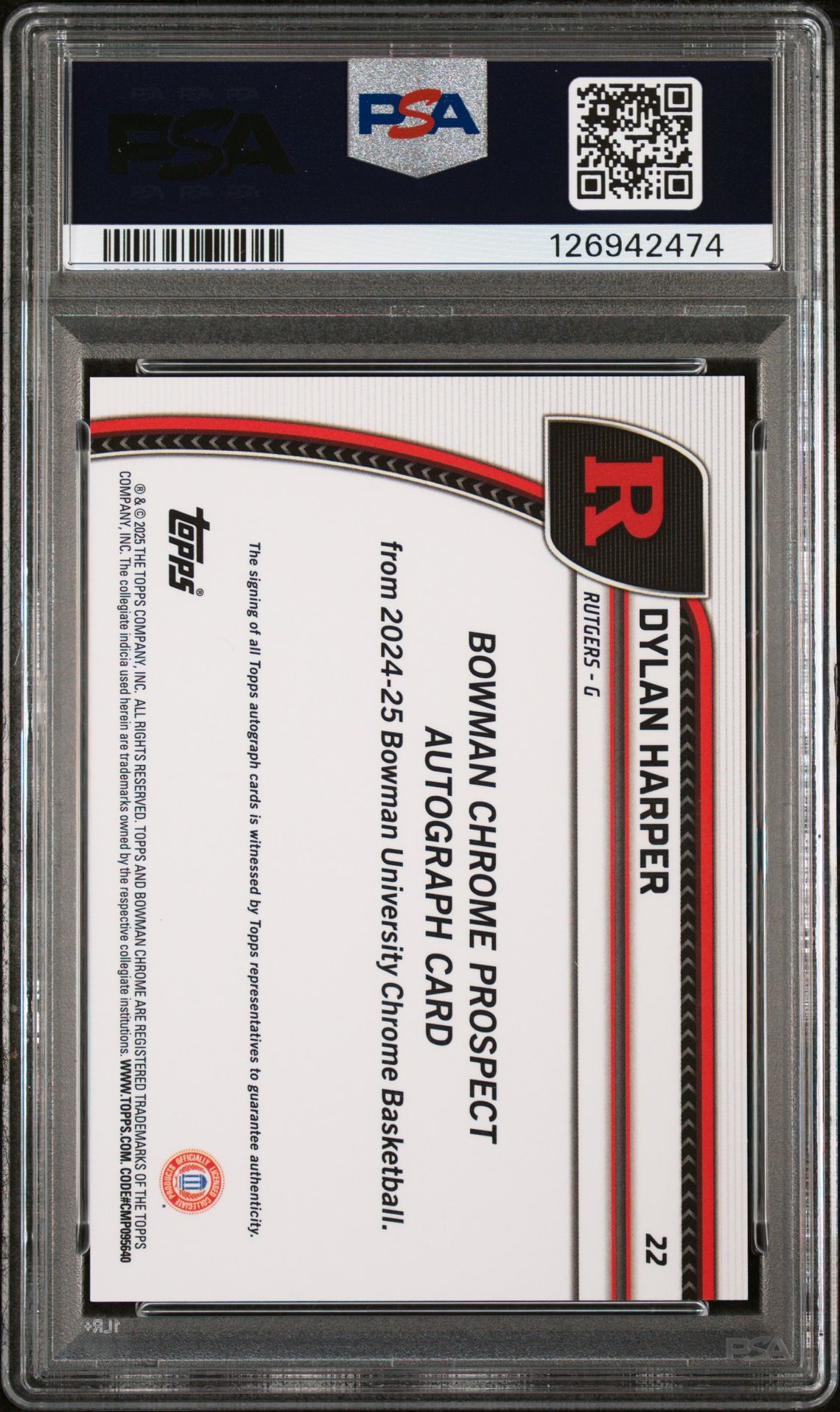 2024 Bowman Chrome University Dylan Harper #22 (Autograph-Green Shimmer) Gem Mt 10 back