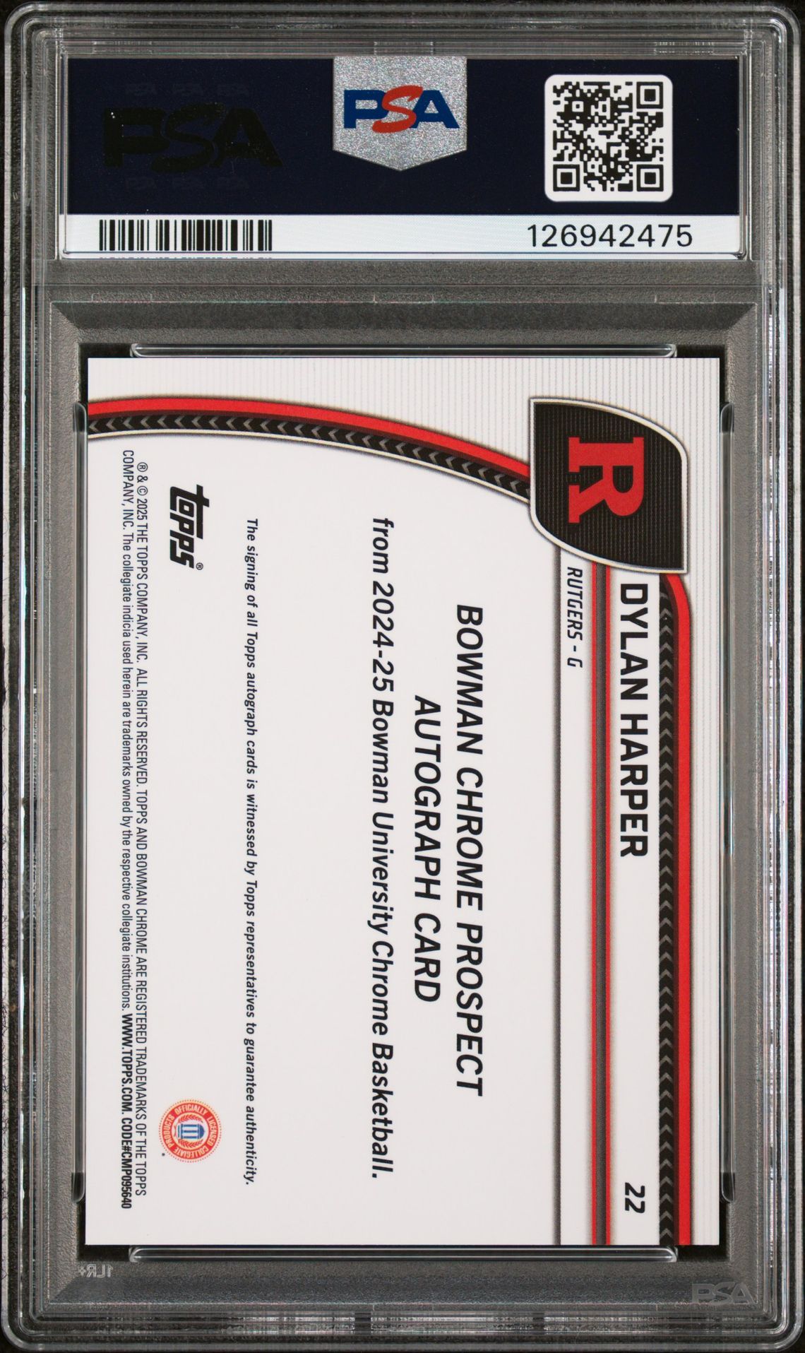 2024 Bowman Chrome University Dylan Harper #22 (Autograph-Green Shimmer) Gem Mt 10 back