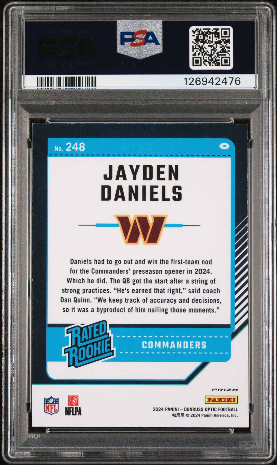 2024 Panini Donruss Optic Jayden Daniels #248 (Blue Hyper) Mint 9 back