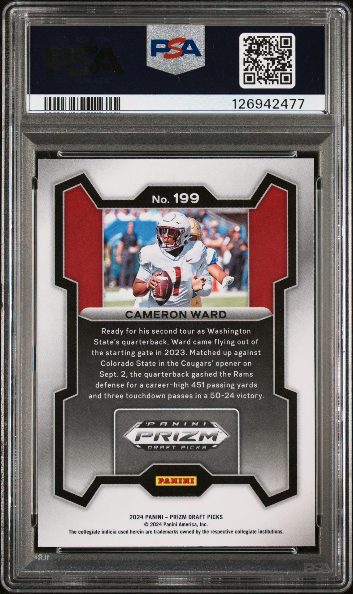 2024 Panini Prizm Draft Picks Cameron Ward #199 Gem Mt 10 back