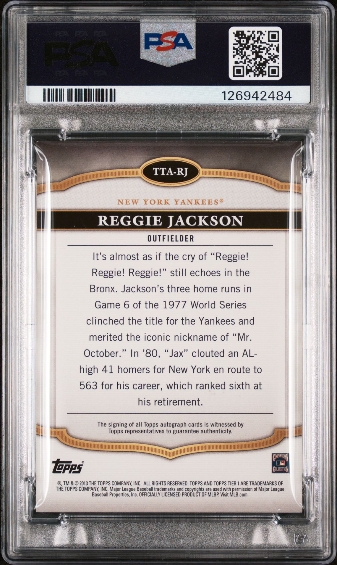 2013 Topps Tier One Autograph Reggie Jackson #Ttarj (Autograph-Silver Ink) Nm-Mt 8 back