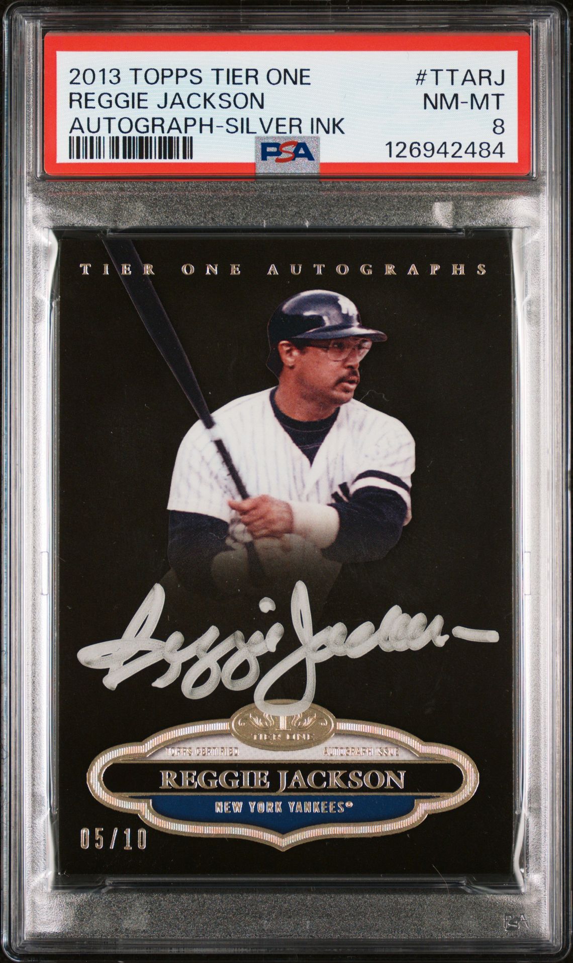 2013 Topps Tier One Autograph Reggie Jackson #Ttarj (Autograph-Silver Ink) Nm-Mt 8 front