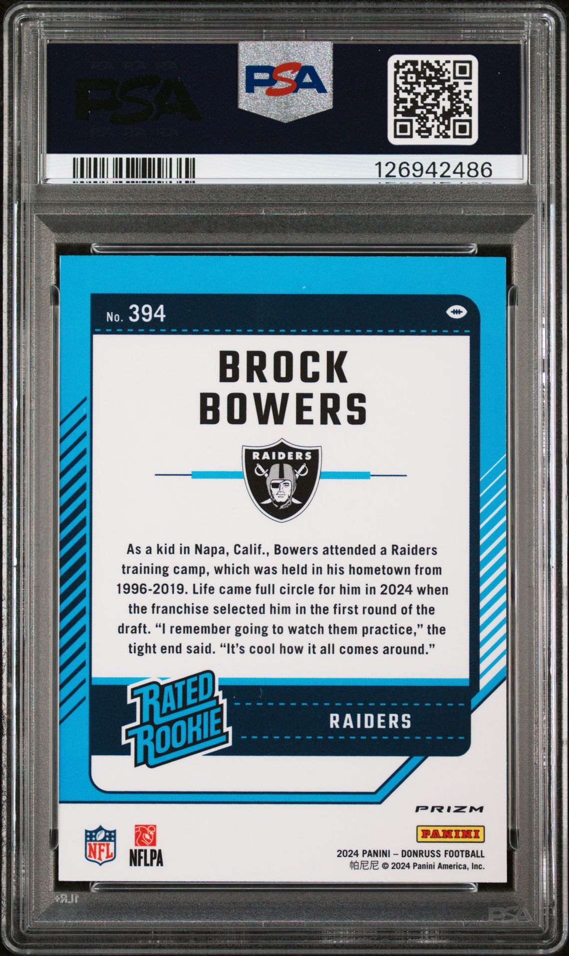 2024 Panini Donruss Brock Bowers #394 (Optic Preview-Pink) Mint 9 back