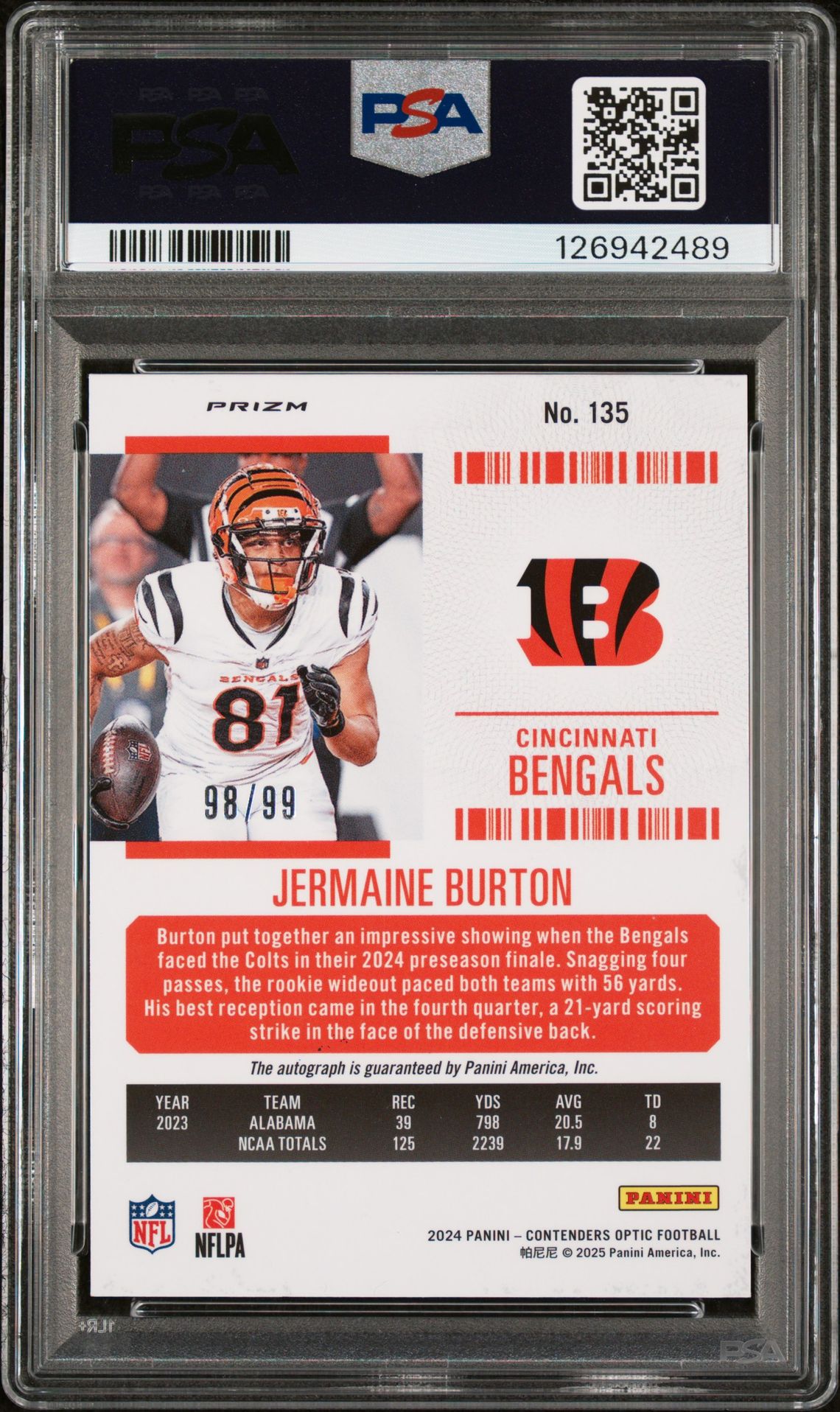 2024 Panini Contenders Optic Jermaine Burton #135 (Autograph-Teal) Nm 7 back