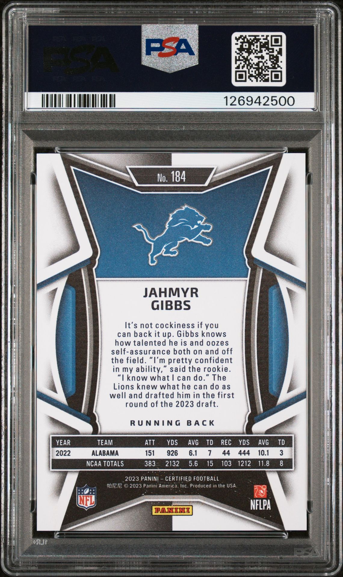 2023 Panini Certified Jahmyr Gibbs #184 (Mirror Orange) Mint 9 back