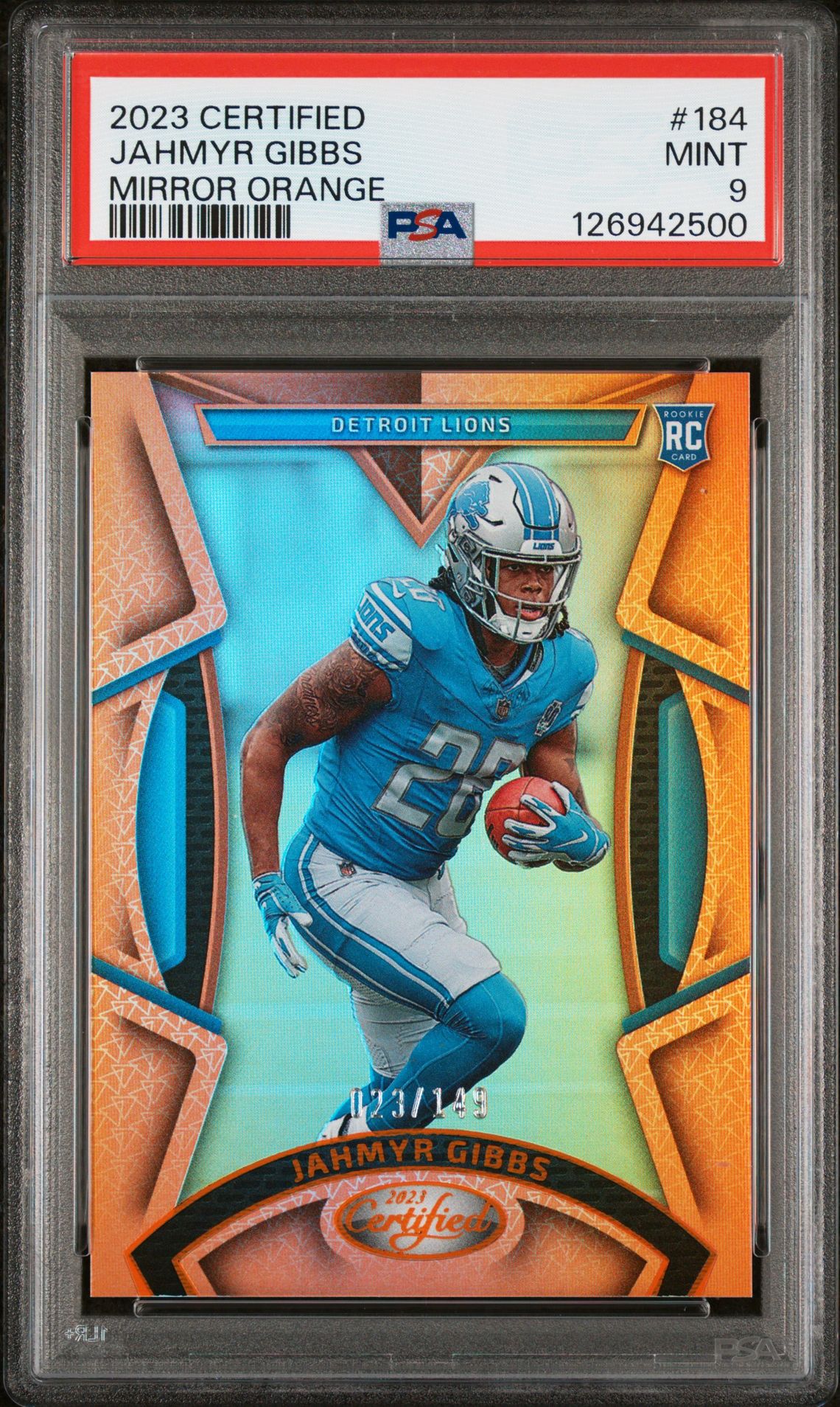 2023 Panini Certified Jahmyr Gibbs #184 (Mirror Orange) Mint 9 front