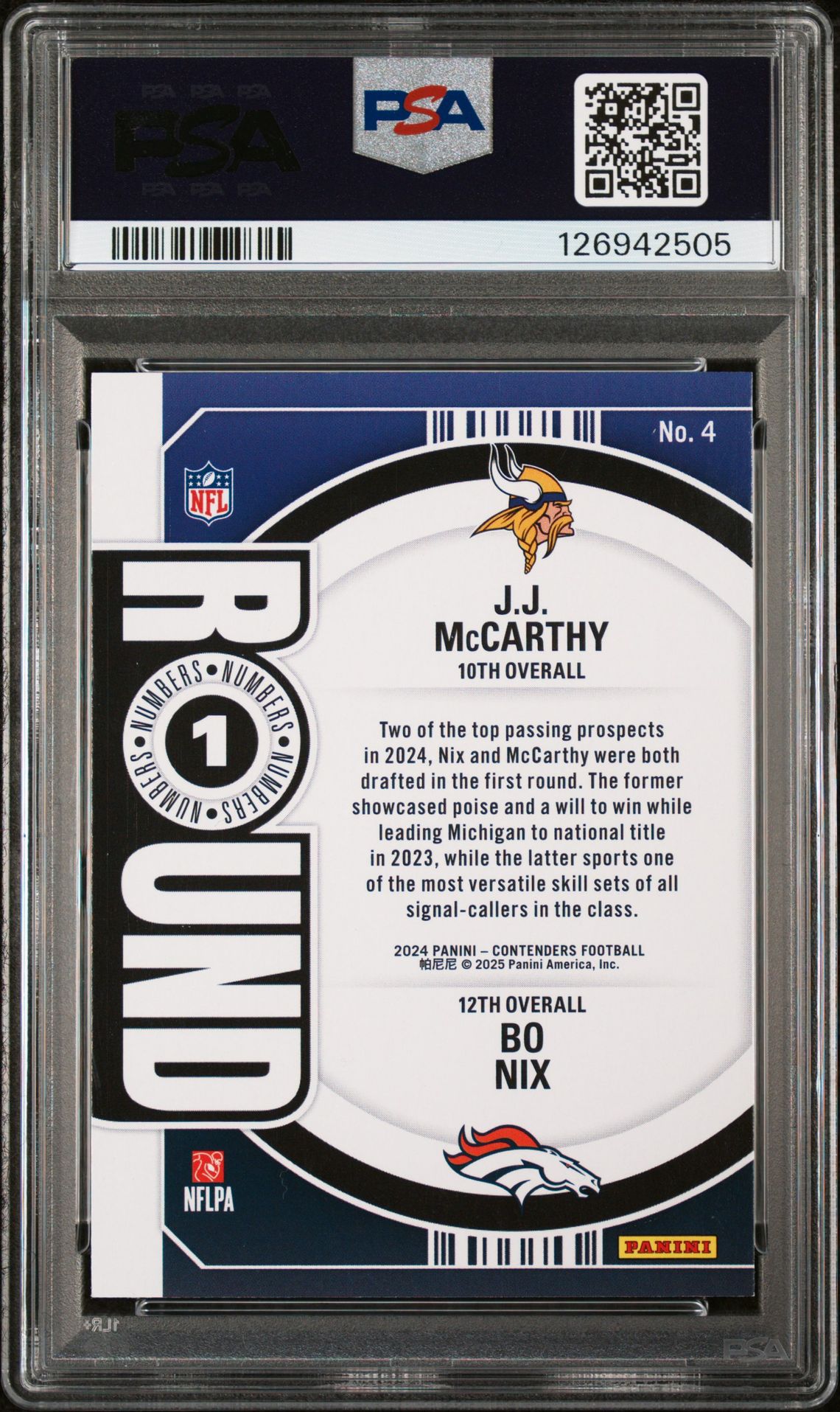 2024 Panini Contenders Round Numbers Jj Mccarthy/Bo Nix #4 Nm-Mt 8 back
